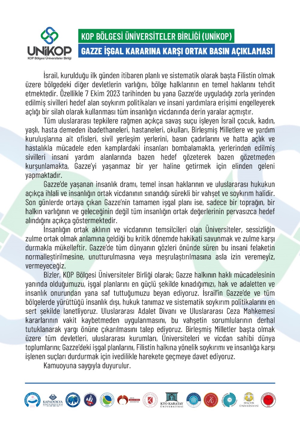 KOP Bölgesi Üniversiteler Birliği (UNİKOP) Gazze İşgal Kararına Karşı Ortak Basın Açıklaması